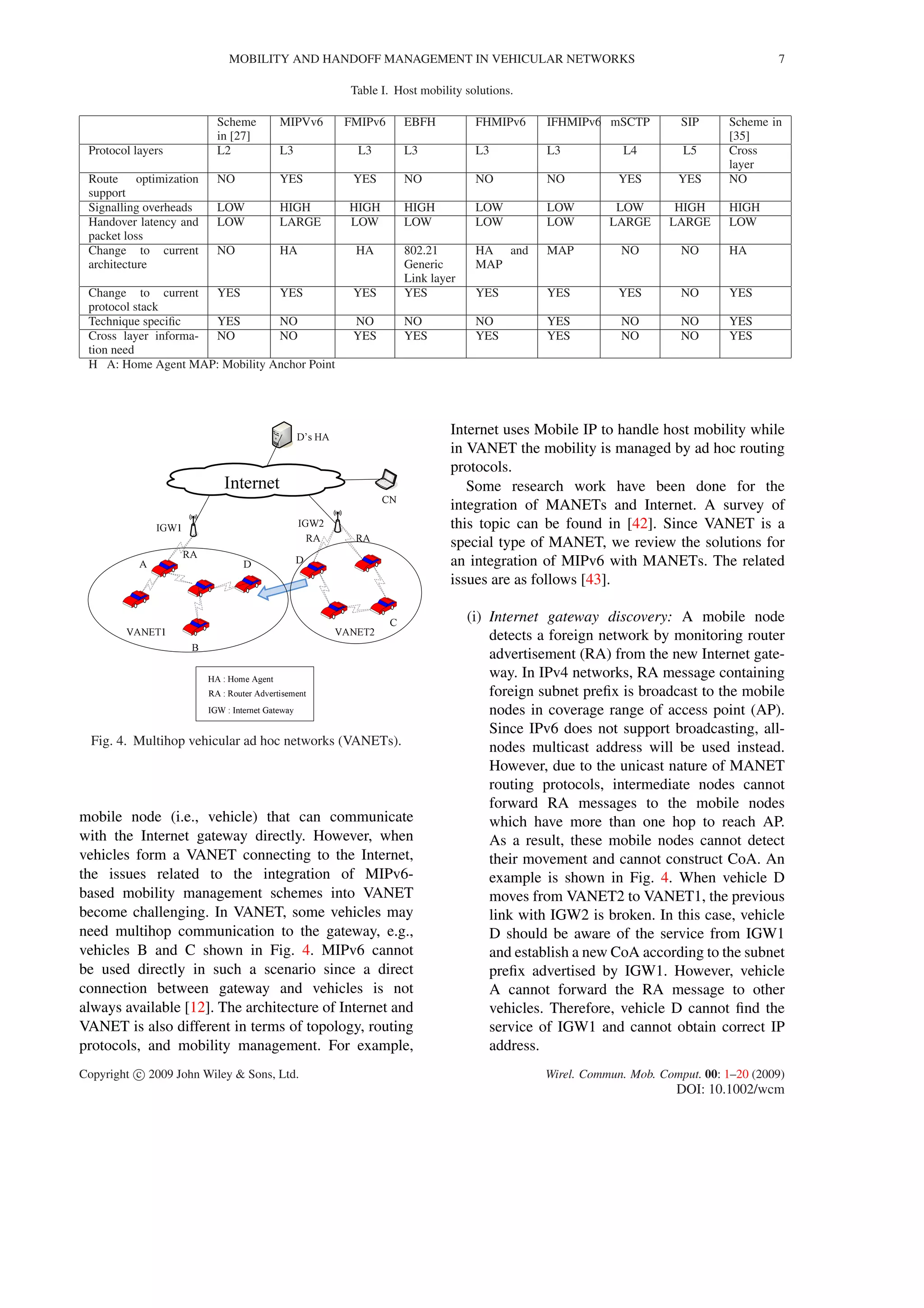 MOBILITY AND HANDOFF MANAGEMENT IN VEHICULAR NETWORKS 7
Table I. Host mobility solutions.
Scheme
in [27]
MIPVv6 FMIPv6 EBFH FHMIPv6 IFHMIPv6 mSCTP SIP Scheme in
[35]
Protocol layers L2 L3 L3 L3 L3 L3 L4 L5 Cross
layer
Route optimization
support
NO YES YES NO NO NO YES YES NO
Signalling overheads LOW HIGH HIGH HIGH LOW LOW LOW HIGH HIGH
Handover latency and
packet loss
LOW LARGE LOW LOW LOW LOW LARGE LARGE LOW
Change to current
architecture
NO HA HA 802.21
Generic
Link layer
HA and
MAP
MAP NO NO HA
Change to current
protocol stack
YES YES YES YES YES YES YES NO YES
Technique speciﬁc YES NO NO NO NO YES NO NO YES
Cross layer informa-
tion need
NO NO YES YES YES YES NO NO YES
H A: Home Agent MAP: Mobility Anchor Point
Fig. 4. Multihop vehicular ad hoc networks (VANETs).
mobile node (i.e., vehicle) that can communicate
with the Internet gateway directly. However, when
vehicles form a VANET connecting to the Internet,
the issues related to the integration of MIPv6-
based mobility management schemes into VANET
become challenging. In VANET, some vehicles may
need multihop communication to the gateway, e.g.,
vehicles B and C shown in Fig. 4. MIPv6 cannot
be used directly in such a scenario since a direct
connection between gateway and vehicles is not
always available [12]. The architecture of Internet and
VANET is also different in terms of topology, routing
protocols, and mobility management. For example,
Internet uses Mobile IP to handle host mobility while
in VANET the mobility is managed by ad hoc routing
protocols.
Some research work have been done for the
integration of MANETs and Internet. A survey of
this topic can be found in [42]. Since VANET is a
special type of MANET, we review the solutions for
an integration of MIPv6 with MANETs. The related
issues are as follows [43].
(i) Internet gateway discovery: A mobile node
detects a foreign network by monitoring router
advertisement (RA) from the new Internet gate-
way. In IPv4 networks, RA message containing
foreign subnet preﬁx is broadcast to the mobile
nodes in coverage range of access point (AP).
Since IPv6 does not support broadcasting, all-
nodes multicast address will be used instead.
However, due to the unicast nature of MANET
routing protocols, intermediate nodes cannot
forward RA messages to the mobile nodes
which have more than one hop to reach AP.
As a result, these mobile nodes cannot detect
their movement and cannot construct CoA. An
example is shown in Fig. 4. When vehicle D
moves from VANET2 to VANET1, the previous
link with IGW2 is broken. In this case, vehicle
D should be aware of the service from IGW1
and establish a new CoA according to the subnet
preﬁx advertised by IGW1. However, vehicle
A cannot forward the RA message to other
vehicles. Therefore, vehicle D cannot ﬁnd the
service of IGW1 and cannot obtain correct IP
address.
Copyright c 2009 John Wiley & Sons, Ltd. Wirel. Commun. Mob. Comput. 00: 1–20 (2009)
DOI: 10.1002/wcm
 