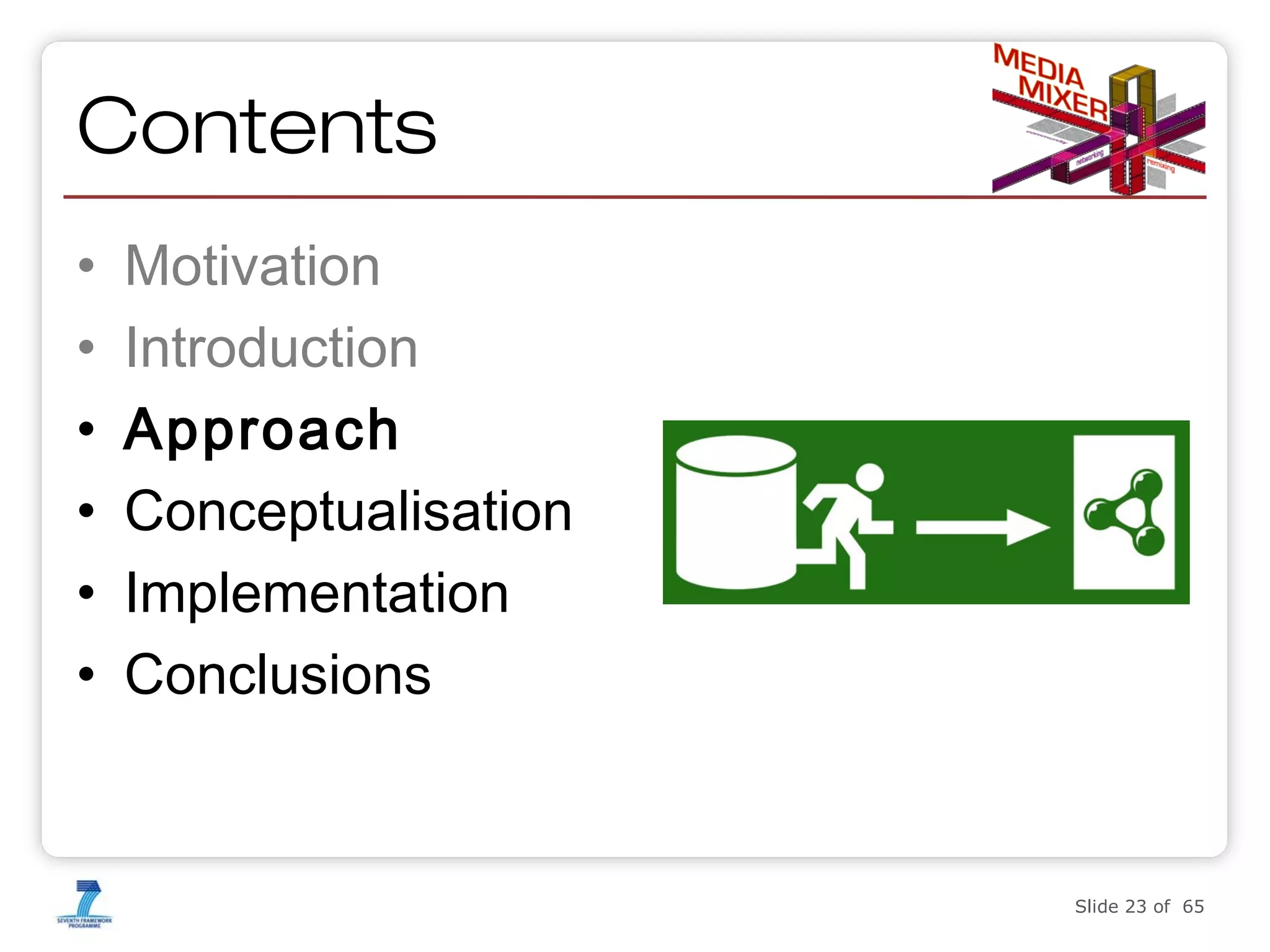 Contents
•
•
•
•
•
•

Motivation
Introduction
Approach
Conceptualisation
Implementation
Conclusions

Enabling interoperable and rightsaware DRM using the Semantic

Slide 23 of 65

23

 