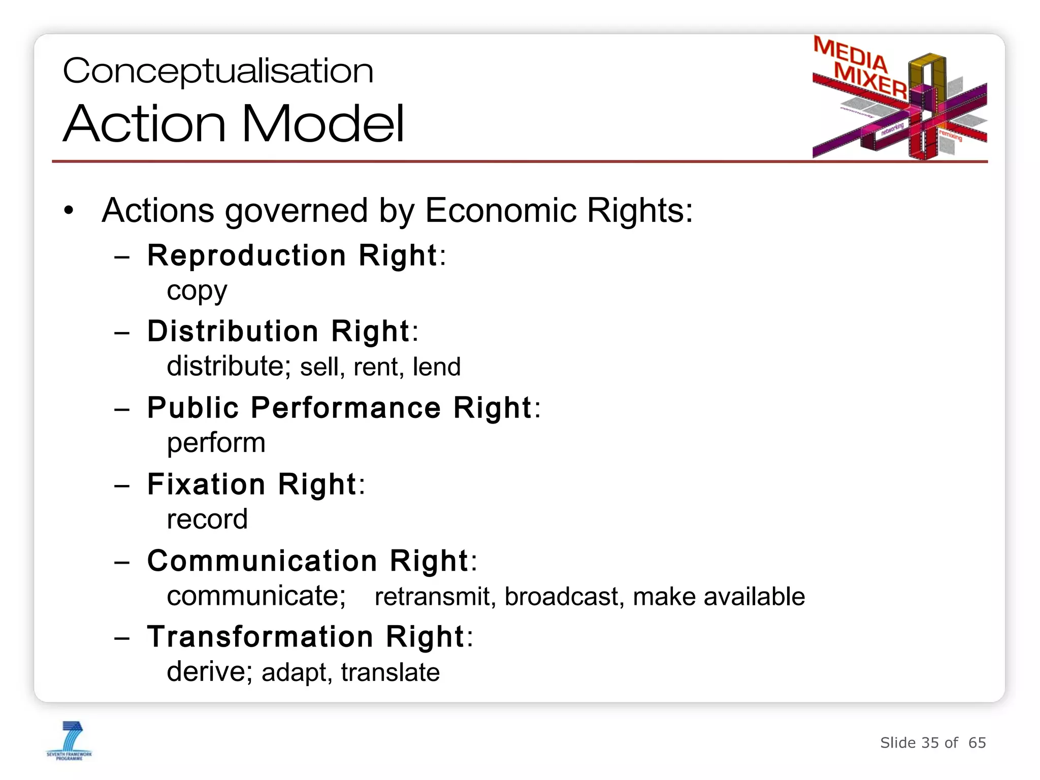 Conceptualisation

Action Model
• Actions governed by Economic Rights:
– Reproduction Right :
copy
– Distribution Right :
distribute; sell, rent, lend
– Public Performance Right :
perform
– Fixation Right:
record
– Communication Right :
communicate; retransmit, broadcast, make available
– Transformation Right :
derive; adapt, translate
Slide 35 of 65

 
