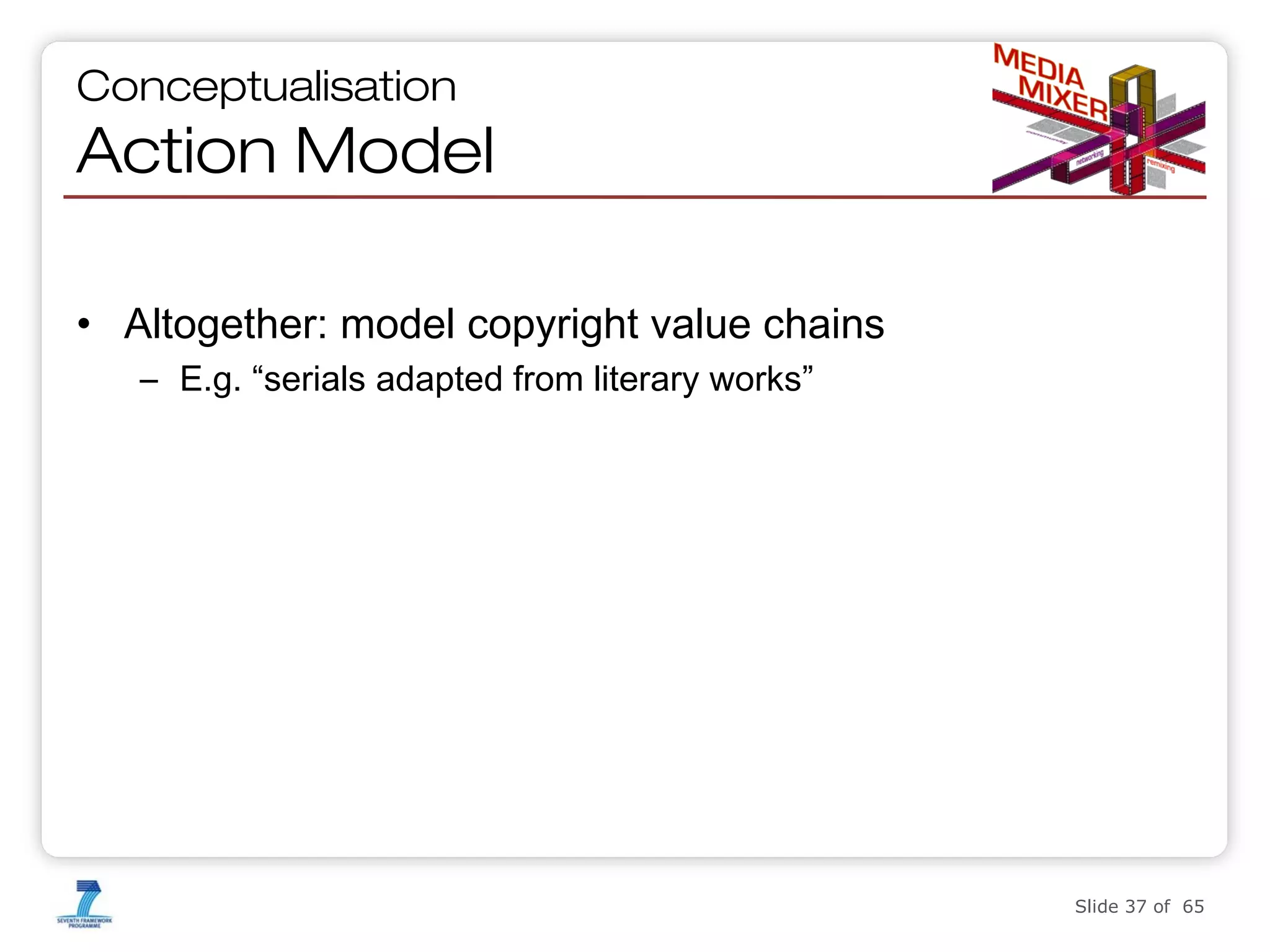 Conceptualisation

Action Model
• Altogether: model copyright value chains
– E.g. “serials adapted from literary works”

Slide 37 of 65

 