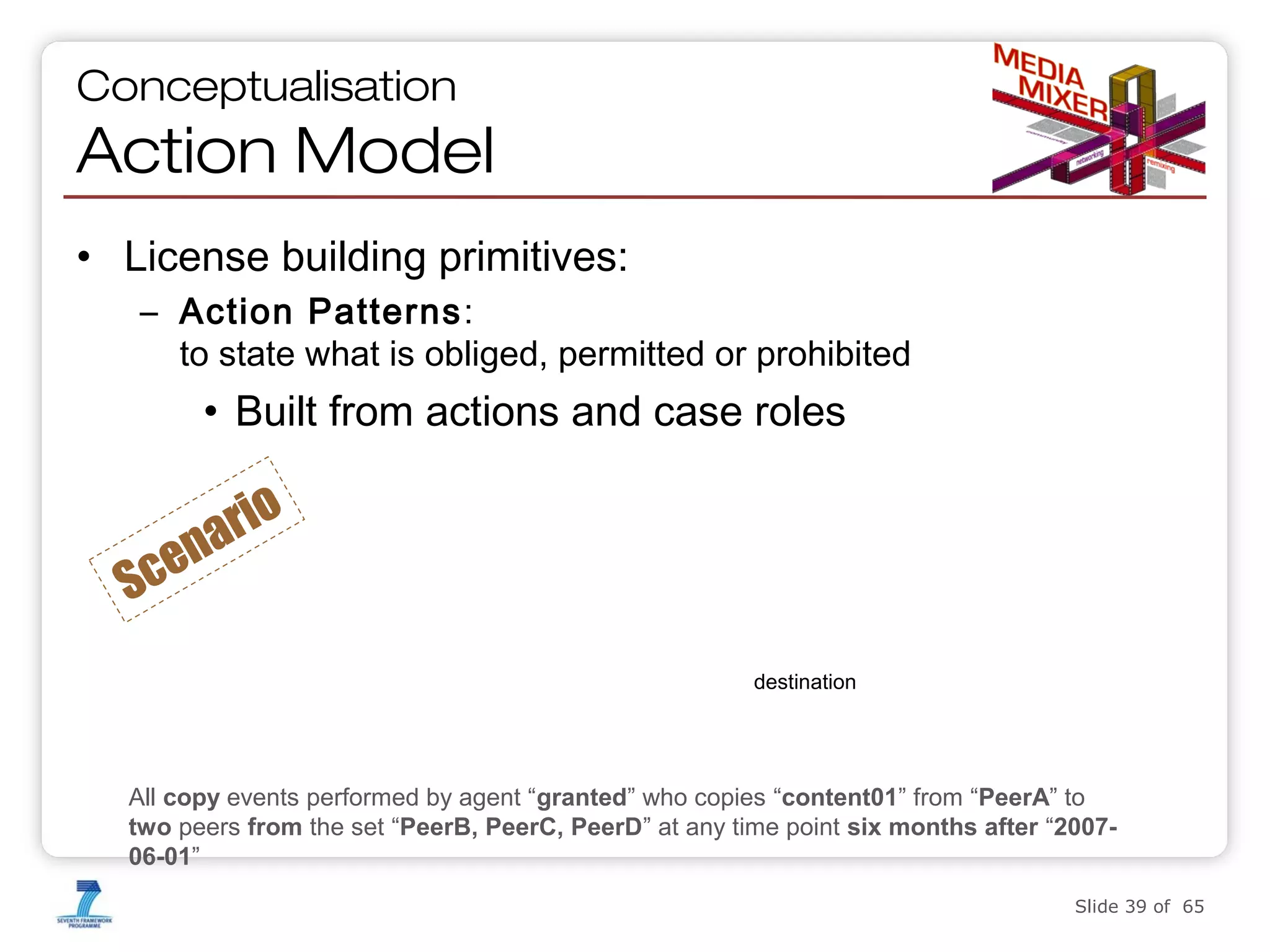 Conceptualisation

Action Model
• License building primitives:
– Action Patterns:
to state what is obliged, permitted or prohibited

• Built from actions and case roles

Sc

rio
a
en
destination

All copy events performed by agent “granted” who copies “content01” from “PeerA” to
two peers from the set “PeerB, PeerC, PeerD” at any time point six months after “200706-01”
Slide 39 of 65

 