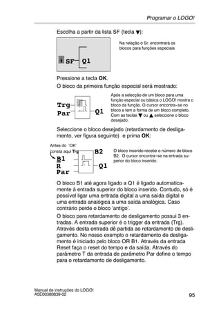 95
Manual de instruções do LOGO!
A5E00380839-02
Escolha a partir da lista SF (tecla B):
Q1SF
Na relação o Sr. encontrará os
blocos para funções especiais
Pressione a tecla OK.
O bloco da primeira função especial será mostrado:
Trg
Par Q1
Após a selecção de um bloco para uma
função especial ou básica o LOGO! mostra o
bloco da função. O cursor encontra--se no
bloco e tem a forma de um bloco completo.
Com as teclas B ou Y seleccione o bloco
desejado.
Seleccione o bloco desejado (retardamento de desliga-
mento, ver figura seguinte) e prima OK:
R
O bloco inserido recebe o número de bloco
B2. O cursor encontra--se na entrada su-
perior do bloco inserido.B1
Par
Q1
B2
Antes do ’OK’
consta aqui Trg
O bloco B1 até agora ligado a Q1 é ligado automatica-
mente à entrada superior do bloco inserido. Contudo, só é
possível ligar uma entrada digital a uma saída digital e
uma entrada analógica a uma saída analógica. Caso
contrário perde o bloco ’antigo’.
O bloco para retardamento de desligamento possui 3 en-
tradas. A entrada superior é o trigger da entrada (Trg).
Através desta entrada dê partida ao retardamento de desli-
gamento. No nosso exemplo o retardamento de desliga-
mento é iniciado pelo bloco OR B1. Através da entrada
Reset faça o reset do tempo e da saída. Através do
parâmetro T da entrada de parâmetro Par define o tempo
para o retardamento de desligamento.
Programar o LOGO!
 