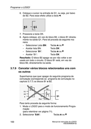 Manual de instruções do LOGO!
A5E00380839-02
100
6. Coloque o cursor na entrada de Q1, ou seja, por baixo
de B2. Para esse efeito utilize a tecla :
B2 Q1
7. Pressione a tecla OK.
8. Agora coloque, em vez do bloco B2, o bloco B1 directa-
mente na saída Q1. Para tal proceda da seguinte ma-
neira:
-- Seleccionar Lista BN: Teclas ou
-- Aceitar lista BN: Tecla OK
-- Seleccionar ’B1’: Teclas ou
-- Aceitar ’B1’: Tecla OK
Resultado: O bloco B2 apaga--se por não voltar a ser
usado em todo o circuito. O bloco B1 está, em vez do
bloco B2, directamente na saída.
3.7.9 Cancelar vários blocos relacionados uns com
os outros
Suponhamos que quer apagar do seguinte programa de
comutação (corresponde ao programa de comutação no
capítulo 3.7.7) os blocos B1 e B2.
Q1
I1
I2
x x
Par
B1
B2
Para tanto proceda da seguinte forma:
1. Mude o LOGO! para o modo de funcionamento Progra-
mação
(para relembrar ver página 71).
2. Seleccionar ’Edit’: Teclas ou
Programar o LOGO!
 