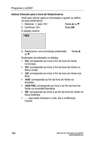 Manual de instruções do LOGO!
A5E00380839-02
106
Activar Comutar para a hora de Verão/Inverno
Você quer activar agora a comutação e ajustar ou definir
os seus parâmetros:
1. Deslocar ’>’ para ’On’: Teclas ou
2. Confirmar ’On’: Tecla OK
O display mostra:
>EU
3. Seleccionar uma comutação pretendida: Teclas
ou
Explicação da indicação no display:
S ’EU’ corresponde ao início e fim da hora de Verão
na Europa.
S ’EU’ corresponde ao início e fim da hora de Verão no
Reino Unido.
S ’US’ corresponde ao início e fim da hora de Verão nos
EUA.
S ’AUS’ corresponde ao fim da hora de Verão na
Austrália.
S ’AUS-TAS’ corresponde ao início e ao fim da hora de
Verão na Austrália/Tasmânia.
S ’NZ’ corresponde ao início e ao fim da hora de Verão na
Nova Zelândia.
S . . : aqui pode introduzir o mês, dia e a diferença
horária.
Programar o LOGO!
 