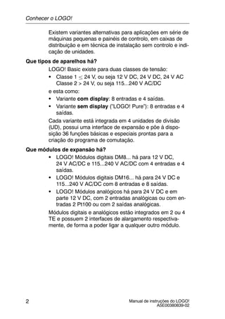 Manual de instruções do LOGO!
A5E00380839-02
2
Existem variantes alternativas para aplicações em série de
máquinas pequenas e painéis de controlo, em caixas de
distribuição e em técnica de instalação sem controlo e indi-
cação de unidades.
Que tipos de aparelhos há?
LOGO! Basic existe para duas classes de tensão:
S Classe 1 ± 24 V, ou seja 12 V DC, 24 V DC, 24 V AC
Classe 2 > 24 V, ou seja 115...240 V AC/DC
e esta como:
S Variante com display: 8 entradas e 4 saídas.
S Variante sem display (”LOGO! Pure”): 8 entradas e 4
saídas.
Cada variante está integrada em 4 unidades de divisão
(UD), possui uma interface de expansão e põe à dispo-
sição 36 funções básicas e especiais prontas para a
criação do programa de comutação.
Que módulos de expansão há?
S LOGO! Módulos digitais DM8... há para 12 V DC,
24 V AC/DC e 115...240 V AC/DC com 4 entradas e 4
saídas.
S LOGO! Módulos digitais DM16... há para 24 V DC e
115...240 V AC/DC com 8 entradas e 8 saídas.
S LOGO! Módulos analógicos há para 24 V DC e em
parte 12 V DC, com 2 entradas analógicas ou com en-
tradas 2 Pt100 ou com 2 saídas analógicas.
Módulos digitais e analógicos estão integrados em 2 ou 4
TE e possuem 2 interfaces de alargamento respectiva-
mente, de forma a poder ligar a qualquer outro módulo.
Conhecer o LOGO!
 