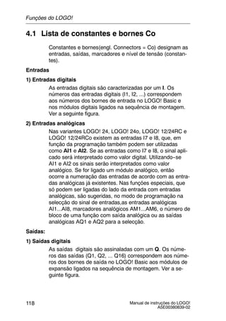 Manual de instruções do LOGO!
A5E00380839-02
118
4.1 Lista de constantes e bornes Co
Constantes e bornes(engl. Connectors = Co) designam as
entradas, saídas, marcadores e nível de tensão (constan-
tes).
Entradas
1) Entradas digitais
As entradas digitais são caracterizadas por um I. Os
números das entradas digitais (I1, I2, ...) correspondem
aos números dos bornes de entrada no LOGO! Basic e
nos módulos digitais ligados na sequência de montagem.
Ver a seguinte figura.
2) Entradas analógicas
Nas variantes LOGO! 24, LOGO! 24o, LOGO! 12/24RC e
LOGO! 12/24RCo existem as entradas I7 e I8, que, em
função da programação também podem ser utilizadas
como AI1 e AI2. Se as entradas como I7 e I8, o sinal apli-
cado será interpretado como valor digital. Utilizando--se
AI1 e AI2 os sinais serão interpretados como valor
analógico. Se for ligado um módulo analógico, então
ocorre a numeração das entradas de acordo com as entra-
das analógicas já existentes. Nas funções especiais, que
só podem ser ligadas do lado da entrada com entradas
analógicas, são sugeridas, no modo de programação na
selecção do sinal de entradas,as entradas analógicas
AI1...AI8, marcadores analógicos AM1...AM6, o número de
bloco de uma função com saída analógica ou as saídas
analógicas AQ1 e AQ2 para a selecção.
Saídas:
1) Saídas digitais
As saídas digitais são assinaladas com um Q. Os núme-
ros das saídas (Q1, Q2, ... Q16) correspondem aos núme-
ros dos bornes de saída no LOGO! Basic aos módulos de
expansão ligados na sequência de montagem. Ver a se-
guinte figura.
Funções do LOGO!
 