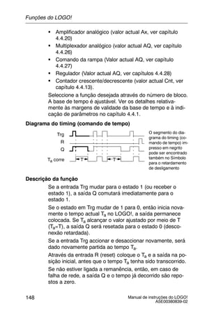 Manual de instruções do LOGO!
A5E00380839-02
148
S Amplificador analógico (valor actual Ax, ver capítulo
4.4.20)
S Multiplexador analógico (valor actual AQ, ver capítulo
4.4.26)
S Comando da rampa (Valor actual AQ, ver capítulo
4.4.27)
S Regulador (Valor actual AQ, ver capítulos 4.4.28)
S Contador crescente/decrescente (valor actual Cnt, ver
capítulo 4.4.13).
Seleccione a função desejada através do número de bloco.
A base de tempo é ajustável. Ver os detalhes relativa-
mente às margens de validade da base de tempo e à indi-
cação de parâmetros no capítulo 4.4.1.
Diagrama do timing (comando de tempo)
Trg
TTTa corre
Q
R
O segmento do dia-
grama do timing (co-
mando de tempo) im-
presso em negrito
pode ser encontrado
também no Símbolo
para o retardamento
de desligamento
Descrição da função
Se a entrada Trg mudar para o estado 1 (ou receber o
estado 1), a saída Q comutará imediatamente para o
estado 1.
Se o estado em Trg mudar de 1 para 0, então inicia nova-
mente o tempo actual Ta no LOGO!, a saída permanece
colocada. Se Ta alcançar o valor ajustado por meio de T
(Ta=T), a saída Q será resetada para o estado 0 (desco-
nexão retardada).
Se a entrada Trg accionar e desaccionar novamente, será
dado novamente partida ao tempo Ta.
Através da entrada R (reset) coloque o Ta e a saída na po-
sição inicial, antes que o tempo Ta tenha sido transcorrido.
Se não estiver ligada a remanência, então, em caso de
falha de rede, a saída Q e o tempo já decorrido são repo-
stos a zero.
Funções do LOGO!
 