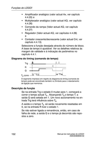 Manual de instruções do LOGO!
A5E00380839-02
152
S Amplificador analógico (valor actual Ax, ver capítulo
4.4.20) e
S Multiplexador analógico (valor actual AQ, ver capítulo
4.4.26)
S Comando da rampa (Valor actual AQ, ver capítulo
4.4.27)
S Regulador (Valor actual AQ, ver capítulos 4.4.28)
e
S Contador crescente/decrescente (valor actual Cnt, ver
capítulo 4.4.13).
Seleccione a função desejada através do número de bloco.
A base de tempo é ajustável. Ver os detalhes relativos às
margem de validade e à indicação de parâmetros no
capítulo 4.4.1.
Diagrama do timing (comando de tempo)
Trg
TTa corre
Q
R
T
O segmento impresso em negrito do diagrama do timing (comando de
tempo) pode ser encontrado também no Símbolo para o retardamento
de ligação que memoriza.
Descrição da função
Se na entrada Trg o estado 0 mudar para 1, começará a
correr o tempo actual Ta . Alcançando Ta o tempo T, a
saída Q será setada em 1. Um novo accionamento na en-
trada Trg terá influência sobre Ta.
A saída e o tempo Ta só serão novamente resetadas em
0, se na entrada R tiver o estado 1.
Se não estiver ligada a remanência, então, em caso de
falha de rede, a saída Q e o tempo já decorrido são repo-
stos a zero.
Funções do LOGO!
 