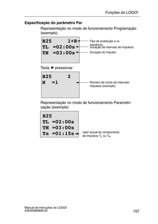 157
Manual de instruções do LOGO!
A5E00380839-02
Especificação do parâmetro Par
Representação no modo de funcionamento Programação
(exemplo):
B25 1+R
TL =02:00s
TH =03:00s
Tipo de protecção e re-
manência
Duração de intervalo de impulsos
Duração do impulso
Tecla pressionar
B25 2
N =1 Número de ciclos de intervalo/
impulsos (exemplo)
Representação no modo de funcionamento Parametri-
zação (exemplo):
B25
TL =02:00s
TH =03:00s
Ta =01:15s valor actual do comprimento
de impulsos TL ou TH
Funções do LOGO!
 