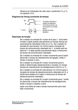 161
Manual de instruções do LOGO!
A5E00380839-02
Observe as indicações de valor para o parâmetro TH e TL
no capítulo 4.3.2.
Diagrama do timing (comando de tempo)
En
T corre
Q
TLTH
A secção impressa a
negrito do diagrama
do timing encontra--se
novamente no símbolo
para o
gerador de sinal
aleatório.
Descrição da função
Se o estado na entrada En mudar de 0 para 1, será deter-
minado e dado partida casualmente um tempo (tempo de
accionamento retardado) entre 0 s e TH. Se o estado na
entrada En permanecer no mínimo para a duração do
tempo de accionamento retardado em 1, a saída será se-
tada em 1 e dado partida casualmente após o transcurso
do tempo de accionamento retardado.
Se o estado na entrada En mudar novamente para 0 após
decorrido o tempo de retardamento de ligação, então o
tempo é reposto a zero.
Se o estado na entrada En mudar novamente para 0,
então é determinado aleatoriamente e iniciado um tempo
(tempo de retardamento de desligamento) entre 0 s e TL.
Se o estado na entrada En permanecer no mínimo para a
duração do tempo de desaccionamento retardado em 0, a
saída será setada em 0 após o transcurso do tempo de
desaccionamento retardado.
Se o estado na entrada En mudar novamente para 1 antes
de decorrido o tempo de retardamento de desligamento,
então o tempo é reposto a zero.
Após uma falha de rede o tempo transcorrido será rese-
tado novamente.
Funções do LOGO!
 