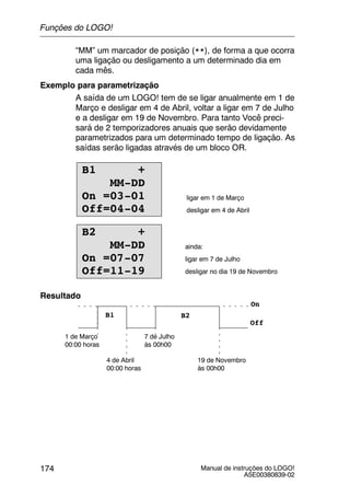 Manual de instruções do LOGO!
A5E00380839-02
174
“MM” um marcador de posição (**), de forma a que ocorra
uma ligação ou desligamento a um determinado dia em
cada mês.
Exemplo para parametrização
A saída de um LOGO! tem de se ligar anualmente em 1 de
Março e desligar em 4 de Abril, voltar a ligar em 7 de Julho
e a desligar em 19 de Novembro. Para tanto Você preci-
sará de 2 temporizadores anuais que serão devidamente
parametrizados para um determinado tempo de ligação. As
saídas serão ligadas através de um bloco OR.
B1 +
MM-DD
On =03-01
Off=04-04
ligar em 1 de Março
desligar em 4 de Abril
B2 +
MM-DD
On =07-07
Off=11-19
ainda:
ligar em 7 de Julho
desligar no dia 19 de Novembro
Resultado
On
Off
1 de Março
00:00 horas
4 de Abril
00:00 horas
B1 B2
7 de Julho
às 00h00
19 de Novembro
às 00h00
Funções do LOGO!
 