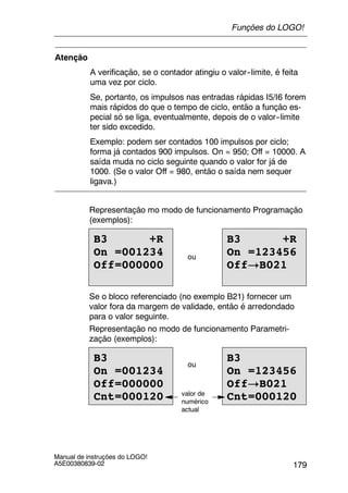 179
Manual de instruções do LOGO!
A5E00380839-02
Atenção
A verificação, se o contador atingiu o valor--limite, é feita
uma vez por ciclo.
Se, portanto, os impulsos nas entradas rápidas I5/I6 forem
mais rápidos do que o tempo de ciclo, então a função es-
pecial só se liga, eventualmente, depois de o valor--limite
ter sido excedido.
Exemplo: podem ser contados 100 impulsos por ciclo;
forma já contados 900 impulsos. On = 950; Off = 10000. A
saída muda no ciclo seguinte quando o valor for já de
1000. (Se o valor Off = 980, então o saída nem sequer
ligava.)
Representação mo modo de funcionamento Programação
(exemplos):
B3 +R
On =001234
Off=000000
ou
B3 +R
On =123456
Off!B021
Se o bloco referenciado (no exemplo B21) fornecer um
valor fora da margem de validade, então é arredondado
para o valor seguinte.
Representação no modo de funcionamento Parametri-
zação (exemplos):
B3
On =001234
Off=000000
Cnt=000120
ou
B3
On =123456
Off!B021
Cnt=000120valor de
numérico
actual
Funções do LOGO!
 