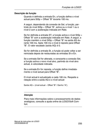 235
Manual de instruções do LOGO!
A5E00380839-02
Descrição da função
Quando é definida a entrada En, a função define o nível
actual para StSp + Offset ”B” durante 100 ms.
A seguir, dependendo da conexão de Sel, a função, par-
tindo do nível StSp + Offset ”B”, activa ou o nível 1 ou o
nível 2 com a aceleração indicada em Rate.
Se for definida a entrada ST, a função activa o nível StSp +
Offset ”B” com a aceleração indicada em Rate. A seguir, a
função mantém o nível StSp + Offset ”B” na saída AQ du-
rante 100 ms. Após 100 ms o nível é reposto para Offset
”B”. O valor escalado (saída AQ) é 0.
Se for definida a entrada St, a função só pode voltar a ser
reiniciada depois de restauradas as entradas St e En.
Se a entrada Sel for alterada, e consoante a conexão Sel,
a função activa o novo nível alvo, partindo do nível alvo
actual, à velocidade indicada.
Se a entrada En for reposta, a função define imediata-
mente o nível actual para Offset ”B”.
O nível actual é actualizado a cada 100 ms. Respeite a
relação entre a saída AQ e o nível actual:
Saída AQ = (nível actual -- Offset ”B” / Ganho ”A”).
Atenção
Para mais informações sobre o processamento de dados
analógicos, consulte a ajuda online do LOGO!Soft Com-
fort.
Funções do LOGO!
 