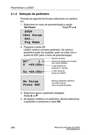 Manual de instruções do LOGO!
A5E00380839-02
248
5.1.2 Selecção de parâmetro
Proceda da seguinte forma para seleccionar um parâme-
tro:
1. Seleccione no menu de parametrização a opção
’Set Param’: Teclas ou
STOP
>Set Param
Set..
Prg Name
2. Pressione a tecla OK.
LOGO! mostra o primeiro parâmetro. Se nenhum
parâmetro puder ser ajustado, pode--se voltar com o
auxílio de ESC para o menu de parametrização.
B9 1 Número de display nas funções
com vários displays
o valor definido do
parâmetro T (tempo)
o valor actual do
tempo em LOGO!
Press ESC
No Param Nenhum parâmetro alterável:
com ESC volta ao
menu de parametrização
T =60:00s
Ta =06:00s
Número de bloco
3. Seleccione agora o parâmetro desejado:
Teclas ou .
4. Se desejar modificar um parâmetro, deverá seleccionar
o parâmetro e pressionar a tecla OK.
Parametrizar o LOGO!
 