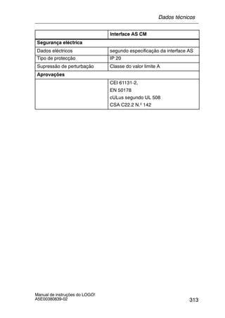 313
Manual de instruções do LOGO!
A5E00380839-02
Interface AS CM
Segurança eléctrica
Dados eléctricos segundo especificação da interface AS
Tipo de protecção IP 20
Supressão de perturbação Classe do valor limite A
Aprovações
CEI 61131-2,
EN 50178
cULus segundo UL 508
CSA C22.2 N.º 142
Dados técnicos
 