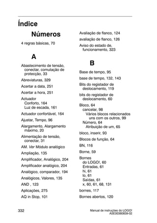 Manual de instruções do LOGO!
A5E00380839-02
332
Índice
Números
4 regras básicas, 70
A
Abastecimento de tensão,
conectar, comutação de
protecção, 33
Abreviaturas, 329
Acertar a data, 251
Acertar a hora, 251
Actuador
Conforto, 164
Luz de escada, 161
Actuador confortável, 164
Ajustar, Tempo, 96
Alargamento, Alargamento
máximo, 20
Alimentação de tensão,
conectar, 31
AM. Ver Módulo analógico
Ampliação, 135
Amplificador, Analógico, 204
Amplificador analógico, 204
Analógico, comparador, 194
Analógicos, Valores, 135
AND , 123
Aplicações, 275
AQ in Stop, 101
Avaliação de flanco, 124
avaliação de flanco, 126
Aviso do estado de,
funcionamento, 323
B
Base de tempo, 95
base de tempo, 132, 143
Bits do registador de
deslocamento, 119
bits do registador de
deslocamento, 60
Bloco, 64
cancelar, 98
Vários blocos relacionados
uns com os outros, 99
Número, 64
Atribuição de um, 65
bloco, inserir, 93
Blocos de função, 64
BN, 116
Borne, 59
Bornes
do LOGO!, 60
Entradas, 61
hi, 61
lo, 61
Saídas, 61
x, 60, 61, 68, 131
bornes, 117
Bornes abertos, 120
 