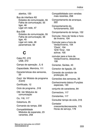 333
Manual de instruções do LOGO!
A5E00380839-02
abertos, 120
Bus de interface AS
Estados de comunicação, 55
Falha de comunicação, 55
ligar, 46
Ligar em rede, 47
Bus EIB
Estados de comunicação, 55
Falha de comunicação, 56
ligar, 45
Ligar em rede, 46
parametrizar, 62
C
Cabo PC, 272
USB, 272
Campo de operação , 5, 6
Capacidade, Memória, 111
Características dos sensores,
33
Card. Ver Módulo de programa
(Card)
Certificado, 12
Ciclo de programa , 318
CM. Ver Módulos de
comunicação
Co, 116, 117
Cobertura, 25
Comando da rampa, 230
Compatibilidade
Módulos de expansão, 23
variantes, 258
Compatibilidade com versões
mais recentes, 258
Comportamento de arranque,
322
Comportamento do,
funcionamento, 322
Comportamento do tempo, 132
Comutar, Hora de Verão e hora
de Inverno, 104
Comutar para a hora de
Verão/Inverno, 104
’Clock’, 104
’S/W Time’, 104
activar, 105
comutar para a hora de
Verão/Inverno, desactivar,
108
Conectar, Saídas, 43
Conector de ligação, 25
Conexão de condutor de
protecção, 32
Conexões dos sensores, 38
Conhecimento básico Funções
especiais, 130
conjunto de caracteres, 84
Connectors, 117
Constantes, 117
Consultar tempo de ciclo, 318
Contador
crescente/decrescente, 175
Horas de serviço, 179
Índice
 