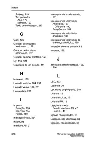 Manual de instruções do LOGO!
A5E00380839-02
336
Softkey, 219
Temporizador
Ano, 172
semana, 167
Texto de mensagem, 212
G
Gain, 135
Gerador de impulsos,
assíncrono , 157
Gerador de impulsos
assíncrono, 157
Gerador de sinal aleatório, 159
GF, 116, 121
Grandeza de um circuito, 111
H
histerese, 198
Hora de Inverno, 104, 251
Hora de Verão, 104, 251
Hora e data, 251
I
Impulso
Duração, 155
Intervalo, 155
Pausa, 158
Indicação inicial, 254
Inserir, 93
Interface AS, 3
Interruptor de luz de escada,
161
Interruptor de valor limiar
Analógico, 187
Diferença, 190
Frequências, 184
Interruptor de valor limiar
analógico, 187
Interruptor de valor limiar de
diferença analógico, 190
Inversão, de uma entrada, 82
Inversor, 129
J
Janela de parametrização, 168,
214
L
LED, 323
Legenda, 30
Ler, nome do programa, 245
Licença, 12
Licença cULus, 12
Licença FM, 12
Ligação em rede
Bus de interface AS, 47
Bus EIB, 46
ligação não utilizadas, 68
Ligações, não utilizadas, 60
ligações, não utilizadas, 68
Índice
 