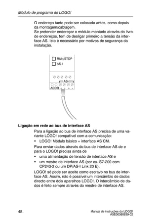 Manual de instruções do LOGO!
A5E00380839-02
48
O endereço tanto pode ser colocado antes, como depois
da montagem/cablagem.
Se pretender endereçar o módulo montado através do livro
de endereços, tem de desligar primeiro a tensão da inter-
face AS. Isto é necessário por motivos de segurança da
instalação.
+ --ADDR
RUN/STOP
AS-I
+ --
AS-I
Ligação em rede ao bus de interface AS
Para a ligação ao bus de interface AS precisa de uma va-
riante LOGO! compatível com a comunicação:
S LOGO! Módulo básico + interface AS CM.
Para enviar dados através do bus de interface AS de e
para o LOGO! precisa ainda de
S uma alimentação de tensão de interface AS e
S um mestre de interface AS (por ex. S7-200 com
CP243-2 ou um DP/AS-I Link 20 E).
LOGO! só pode ser aceite como escravo no bus de inter-
face AS. Assim, não é possível um intercâmbio de dados
directo entre dois aparelhos LOGO!. O intercâmbio de da-
dos é feito sempre através do mestre de interface AS.
Módulo de programa do LOGO!
 