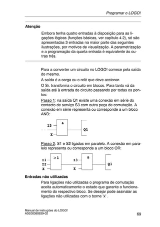 69
Manual de instruções do LOGO!
A5E00380839-02
Atenção
Embora tenha quatro entradas à disposição para as li-
gações lógicas (funções básicas, ver capítulo 4.2), só são
apresentadas 3 entradas na maior parte das seguintes
ilustrações, por motivos de visualização. A parametrização
e a programação da quarta entrada é equivalente às ou-
tras três.
Para a converter um circuito no LOGO! comece pela saída
do mesmo.
A saída é a carga ou o relé que deve accionar.
O Sr. transforma o circuito em blocos. Para tanto vá da
saída até à entrada do circuito passando por todas os pon-
tos:
Passo 1: na saída Q1 existe uma conexão em série do
contacto de serviço S3 com outra peça de comutação. A
conexão em série representa ou corresponde a um bloco
AND:
I3
X
Q1
&
Passo 2: S1 e S2 ligados em paralelo. A conexão em para-
lelo representa ou corresponde a um bloco OR:
I3
X
Q1
&≥1
I1
I2
X
Entradas não utilizadas
Para ligações não utilizadas o programa de comutação
aceita automaticamente o estado que garante o funciona-
mento do respectivo bloco. Se desejar pode assinalar as
ligações não utilizadas com o borne ’x’ .
Programar o LOGO!
 