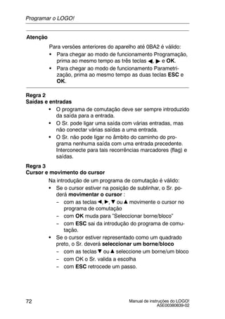 Manual de instruções do LOGO!
A5E00380839-02
72
Atenção
Para versões anteriores do aparelho até 0BA2 é válido:
S Para chegar ao modo de funcionamento Programação,
prima ao mesmo tempo as três teclas A, " e OK.
S Para chegar ao modo de funcionamento Parametri-
zação, prima ao mesmo tempo as duas teclas ESC e
OK.
Regra 2
Saídas e entradas
S O programa de comutação deve ser sempre introduzido
da saída para a entrada.
S O Sr. pode ligar uma saída com várias entradas, mas
não conectar várias saídas a uma entrada.
S O Sr. não pode ligar no âmbito do caminho do pro-
grama nenhuma saída com uma entrada precedente.
Interconecte para tais recorrências marcadores (flag) e
saídas.
Regra 3
Cursor e movimento do cursor
Na introdução de um programa de comutação é válido:
S Se o cursor estiver na posição de sublinhar, o Sr. po-
derá movimentar o cursor :
-- com as teclas , , ou movimente o cursor no
programa de comutação
-- com OK muda para ”Seleccionar borne/bloco”
-- com ESC sai da introdução do programa de comu-
tação.
S Se o cursor estiver representado como um quadrado
preto, o Sr. deverá seleccionar um borne/bloco
-- com as teclas ou seleccione um borne/um bloco
-- com OK o Sr. valida a escolha
-- com ESC retrocede um passo.
Programar o LOGO!
 