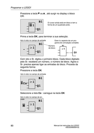 Manual de instruções do LOGO!
A5E00380839-02
80
Pressione a tecla ou , até surgir no display o bloco
OR:
≥1
B1
Q1
O cursor ainda está em bloco e tem a
forma de um quadrado preto.
Prima a tecla OK, para terminar a sua selecção.
≥1
Isto é visto no campo de entrada
B1
Q1
B1
≥1
Q1
Este é o aspecto de um pro-
grama de comutação completo
Número
de bloco
-
Com isto o Sr. digitou o primeiro bloco. Cada bloco digitado
pelo Sr. receberá um número, o número de bloco. Agora o
Sr. precisa apenas ligar as entradas do bloco. Proceda da
seguinte forma:
Pressione a tecla OK:
≥1
Isto é visto no campo de entrada
B1
Q1
Co
Seleccione a lista Co : carregue na tecla OK
≥1
Isto é visto no campo de en-
trada
B1
Q1
x
Programar o LOGO!
 