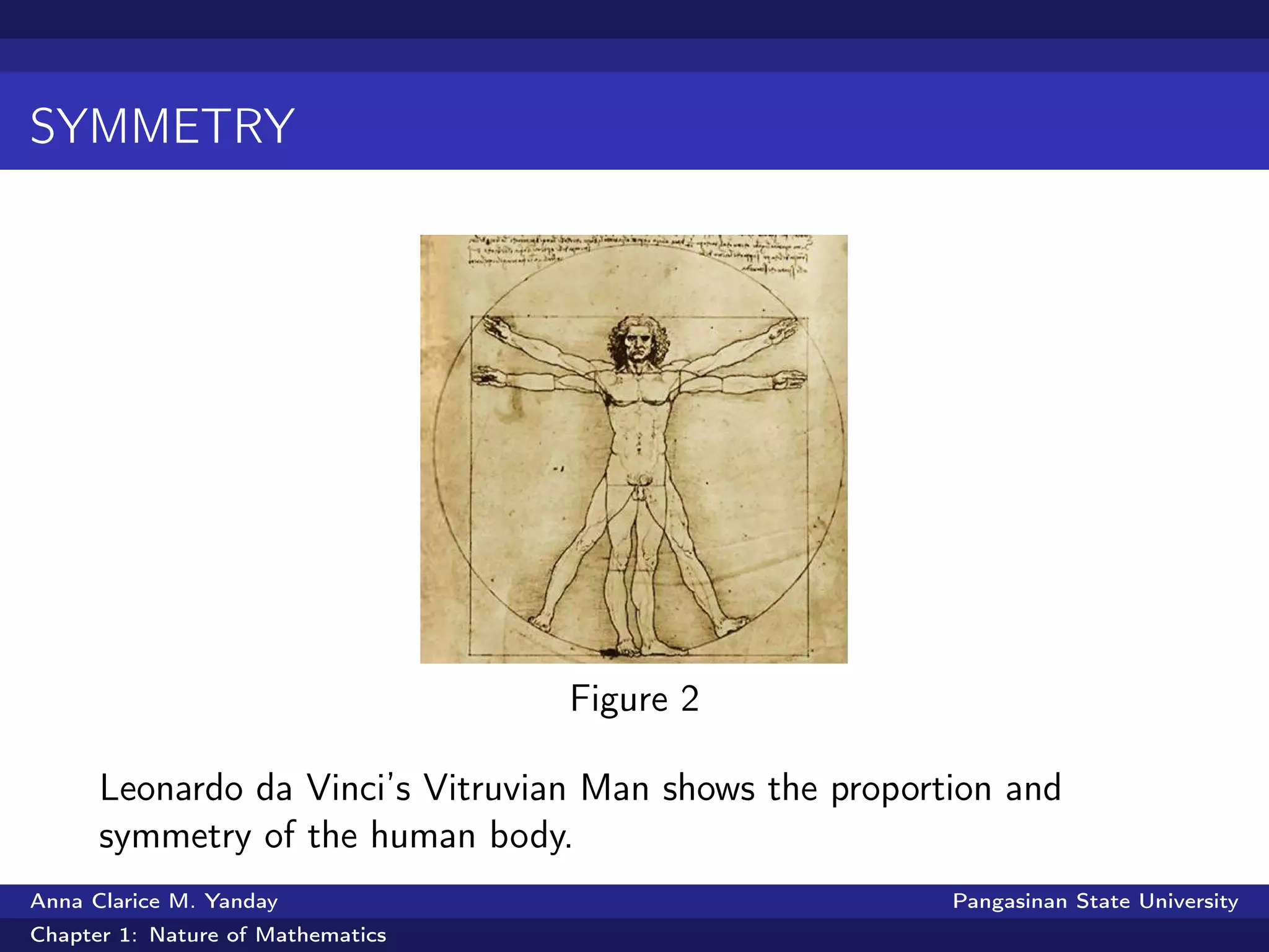 SYMMETRY
Figure 2
Leonardo da Vinci’s Vitruvian Man shows the proportion and
symmetry of the human body.
Anna Clarice M. Yanday Pangasinan State University
Chapter 1: Nature of Mathematics
 