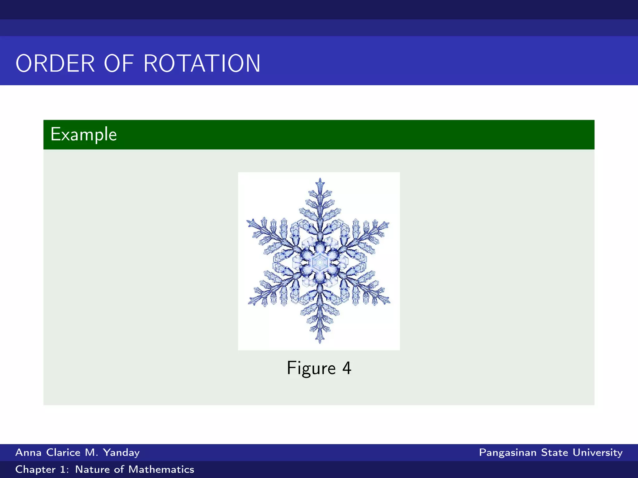 ORDER OF ROTATION
Example
Figure 4
Anna Clarice M. Yanday Pangasinan State University
Chapter 1: Nature of Mathematics
 