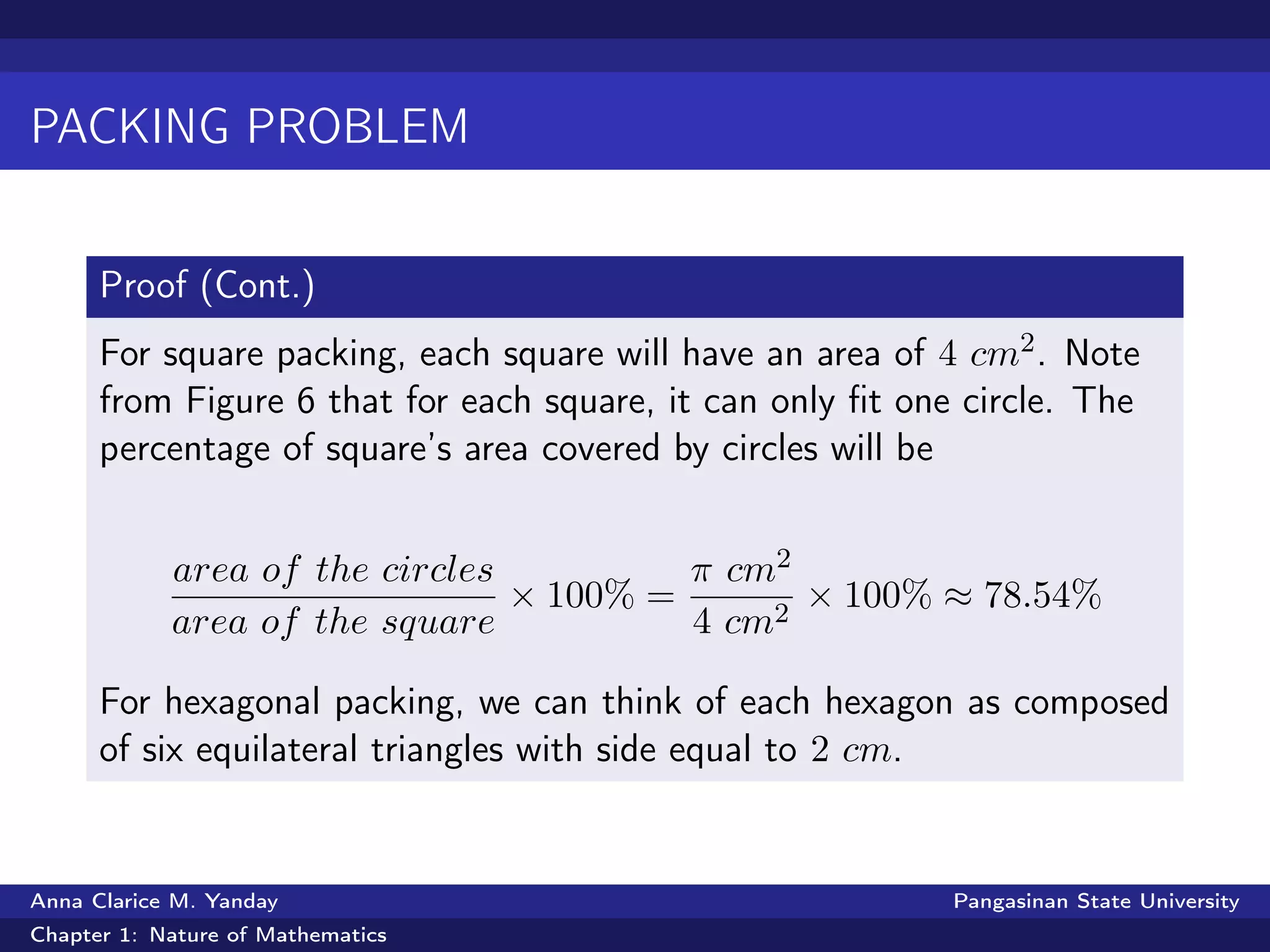 PACKING PROBLEM
Proof (Cont.)
For square packing, each square will have an area of 4 cm2. Note
from Figure 6 that for each square, it can only ﬁt one circle. The
percentage of square’s area covered by circles will be
area of the circles
area of the square
× 100% =
π cm2
4 cm2
× 100% ≈ 78.54%
For hexagonal packing, we can think of each hexagon as composed
of six equilateral triangles with side equal to 2 cm.
Anna Clarice M. Yanday Pangasinan State University
Chapter 1: Nature of Mathematics
 