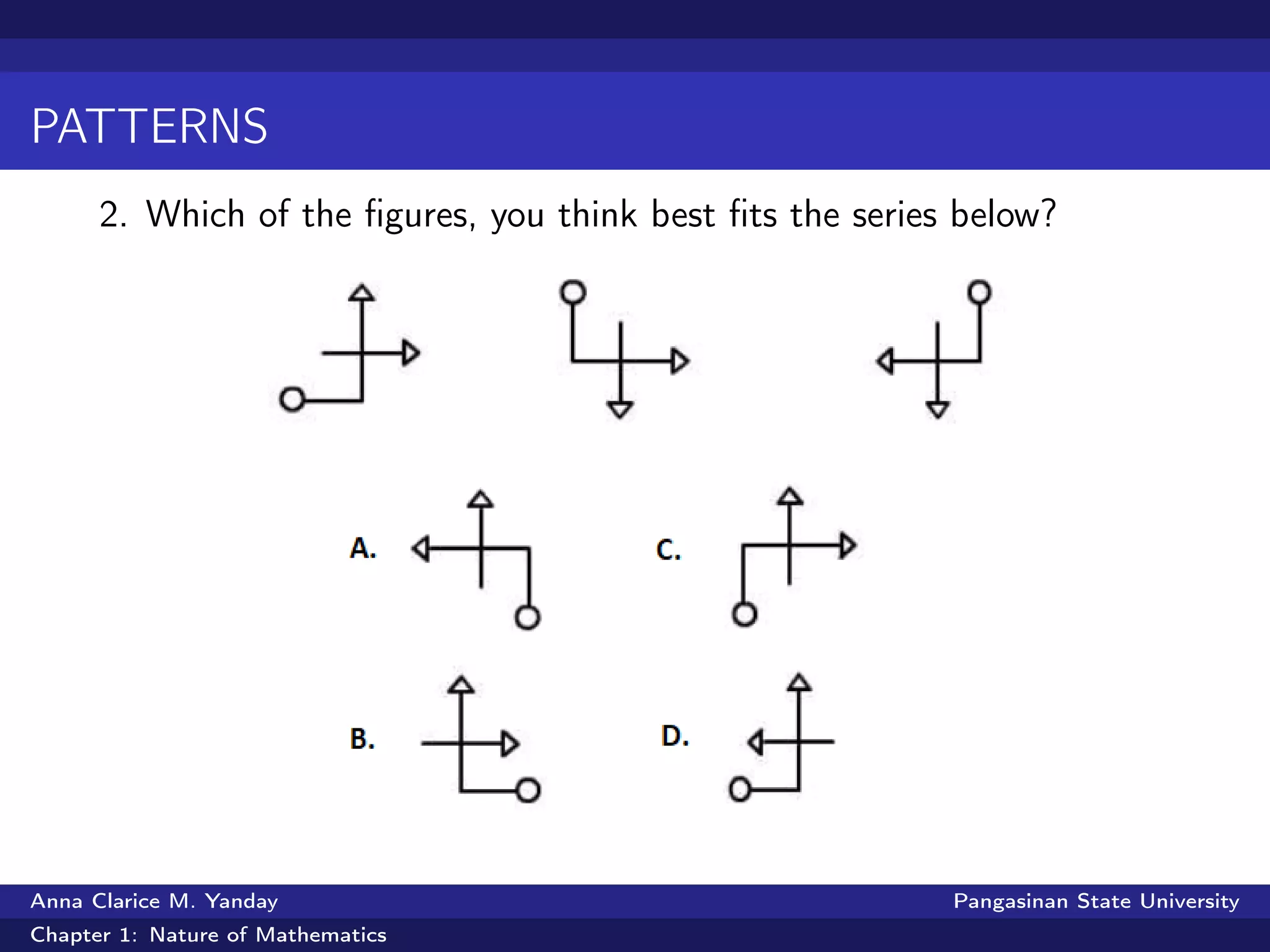PATTERNS
2. Which of the ﬁgures, you think best ﬁts the series below?
Anna Clarice M. Yanday Pangasinan State University
Chapter 1: Nature of Mathematics
 