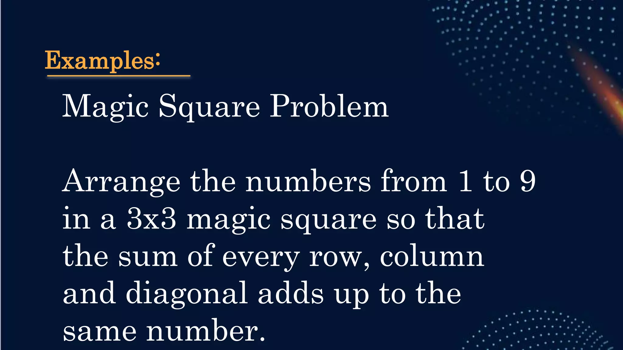 Examples:
Magic Square Problem
Arrange the numbers from 1 to 9
in a 3x3 magic square so that
the sum of every row, column
and diagonal adds up to the
same number.
 