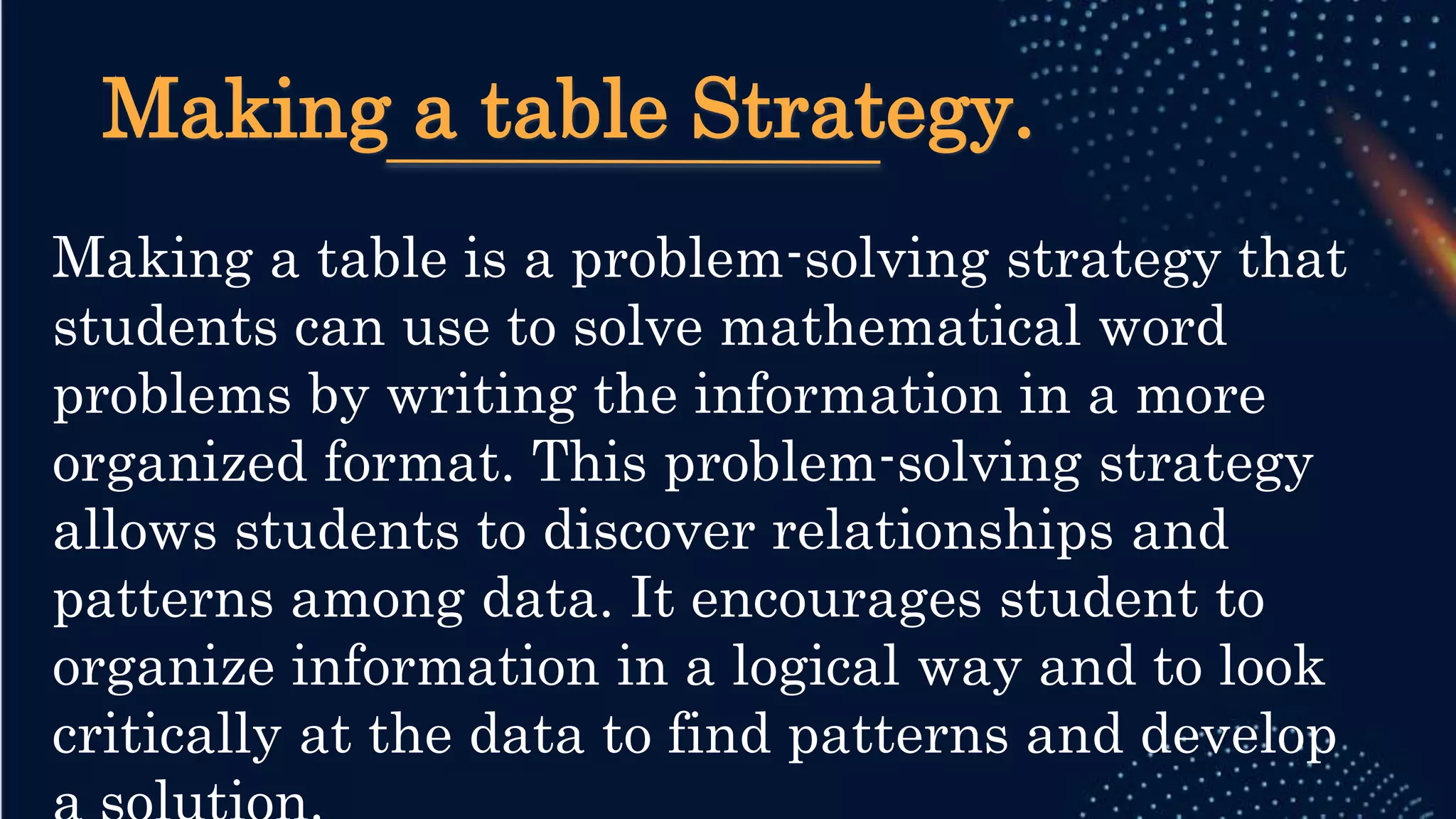 Making a table Strategy.
Making a table is a problem-solving strategy that
students can use to solve mathematical word
problems by writing the information in a more
organized format. This problem-solving strategy
allows students to discover relationships and
patterns among data. It encourages student to
organize information in a logical way and to look
critically at the data to find patterns and develop
 