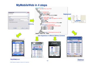 © 2009 Telefónica Investigación y Desarrollo, S.A. Unipersonal
                                                      12
                                                                                                                                      TELEFÓNICA I+D
        User Experience in different Delivery Contexts
                                                     >laedi/< >iu/< >ydob/< >noitces/<
                >/                                                edu cn <>v d/<
                >/ "2p/tcudorp/cireneg/liateDSP"=tnetnoc edullcnii<>viid/<
                                                                      >e bat/<
                                                                      >e bat/<
                                                                      >ellllbat/<
                                                                      >e bat/<
                                                                        >rt/<
                                         >dt/< >/
                                         >dt/< >/
                                         >dt/< >/             tuptuo< >dt<
                                                              tuptuo< >dt<
                                                              tuptuo< >dt<
                                         >dt/< >/ "etad"=fer tuptuo< >dt<
                                        >dt/< >/ "eman"=fer tuptuo< >dt<
                                         >dt/< >/             tuptuo< >dt<
                                         >dt/< >/ "edoc"=fer tuptuo< >dt<
                 >
                 >
                 >"}edoc.tnerruc.tluseRSPhcraes{$"=eulav
                 >
                                  “  tluseRSPhcraes"=tesedon-taeper rt<
                                                                       >ht/<
                                                                       >ht/<
                                                                       >ht/<
                                                                       >ht/<                    Authoring
              >dt/<ahceF>")'eciveDadP'(oTsgnoleb:ncd"=rpxe dt<
                                                        >dt/<
                                                        >dt/<
                                                        >dt/<        >dt<
                                                                     >dt<
                                                        >dt/<erbmoN>dt<
                                                                     >dt<
                                                           >dt/<
                                                           >dt/<     >dt<
                                                                     >dt<
                                                           >dt/<.d C>dt<
                                                           >dt/<   ó >dt<
                                                        >"redaeh"=ssalc ht<
             >
             >
             >                                                          e bat<
                                                                        e bat<
             >"SPtsil"=di "etanigap spt"=ssalc "SPdetceles"=fer ellllbat<
                                                                        e bat<
                                          >"2p"=di "lacitrev retnec"=ssalc vid<
                                                                            >v d/<
                                                                            >v d/<
                                                                            >viiiid/<
                                                                            >v d/<
                          > eba /<
                          > eba /<                   >
                                                     >                  eba <
                                                                        eba <
                          >llleballl/<}esirpretne{$>"kramer"=ssalc llleballl<
Deployment                                          >lebal/<:aserpmE>lebal<
                                                   >
                                                   >
                                                   >                          v d<
                                                                              v d<
                                                   >"1p"=di "retnec"=ssalc viiiid<
                                                                              v d<
                                                       >"noitceSniam"=di noitces<
                                                                                   >ydob<
                                                                                   >ydob<
                                                                                   >ydob<
                                                                                   >ydob<
                                                                                       > u<
                                                                                       > u<
                                                                                       >iiiu<
                                               >"S/P .snoC .seR"=eltit "tsilsp"=di laedi<
                                                                    >2laedi EPYTCOD!<
                                                         MyMobileWeb in 4 steps
 