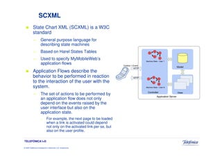 SCXML
            State Chart XML (SCXML) is a W3C
            standard
            —          General purpose language for
                       describing state machines
            —          Based on Harel States Tables                                                 c
                                                                                                            c
                                                                                                                     c

                                                                                                            c

            —          Used to specify MyMobileWeb’s                                          Machine State – User 1
                                                                                                                     c



                       application flows                                    Control + Event
                                                                                                                                     Model
                                                                                       HTTP
            Application Flows describe the
            behavior to be performed in reaction                                     HTTP       c
                                                                                                        c
                                                                                                                 c

            to the interaction of the user with the                                                     c
                                                                                                                 c

            system.                                                                           Machine State – User N

                                                                                               Controller                            View
            —          The set of actions to be performed by
                                                                                                                Application Server
                       an application flow does not only
                       depend on the events raised by the
                       user interface but also on the
                       application state.
                       –       For example, the next page to be loaded
                               when a link is activated could depend
                               not only on the activated link per se, but
                               also on the user profile.

TELEFÓNICA I+D

© 2009 Telefónica Investigación y Desarrollo, S.A. Unipersonal
 