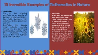 15 Incredible Examples of Mathematics in Nature
1. Snowflakes
The tiny but miraculous
snowflake, as an example of
symmetry in nature, exhibits six-
fold radial symmetry, with
elaborate, identical patterns on
each arm.
Snowflakes form because
water molecules naturally
arrange when they solidify. It’s
complicated but, basically, when
they crystallize, water
molecules form weak hydrogen
bonds with each other.
1. Sunflowers
Bright, bold and beloved by
bees, sunflowers boast
radial symmetry and a type
of numerical symmetry
known as the Fibonacci
sequence, 1, 2, 3, 5, 8, 13,
21, 24, 55, and so forth.
Scientists and flower
enthusiasts who have taken
the time to count the seed
spirals in a sunflower have
determined that the amount
of spirals adds up to a
Fibonacci number.
 