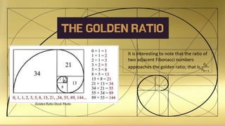 THE GOLDEN RATIO
It is interesting to note that the ratio of
two adjacent Fibonacci numbers
approaches the golden ratio; that is,
𝐹𝑛
𝐹𝑛−1
 