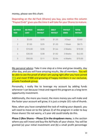 10
money, please see this chart:
Depending on the Ad Pack (Shares) you buy, you notice the column
“Payout Ends” gives you the time it will take for your Shares to mature.
My personal advice: Take it one step at a time and grow steadily, day
after day, and you will have amazing results, like all members. You will
be able to see the proof of what I am saying right after you have joined
TT3 and meet 9’000 and growing of happy members in our exclusive,
private Facebook group.
Personally, I really like to leverage my account by adding funds
whenever I can because I treat and regard this program as a long-term
opportunity investment.
Additionally, the more you invest, the more money you will make and
the faster your account will grow; it is just a simple 101 rule of thumb.
Now, when you have completed the task of making your deposit, you
will need to move on to the (phase 2) of the program in order to buy
those shares! Do not worry, a 5 year old could totally do this.
Phase 2 (Rev Shares – Phase 2) in the dropdown menu, is the section
where you will invest and buy the Ad Packs of your choice. You will be
granted (a) your initial investment and (b) a small profit percentage
 