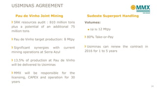 USIMINAS AGREEMENT
SRK resources audit : 810 million tons
plus a potential of an additional 75
million tons
Pau de Vinho target production: 8 Mtpy
Significant synergies with current
mining operations at Serra Azul
13.5% of production at Pau de Vinho
will be delivered to Usiminas
MMX will be responsible for the
licensing, CAPEX and operation for 30
years
Volumes:
■ Up to 12 Mtpy
80% Take-or-Pay
Usiminas can renew the contract in
2016 for 1 to 5 years
Pau de Vinho Joint Mining Sudeste Superport Handling
24
 