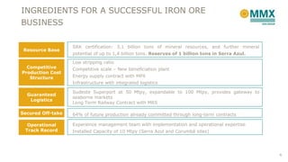 SRK certification: 3,1 billion tons of mineral resources, and further mineral
potential of up to 1,4 billion tons. Reserves of 1 billion tons in Serra Azul.
64% of future production already committed through long-term contracts
Experience management team with implementation and operational expertise
Installed Capacity of 10 Mtpy (Serra Azul and Corumbá sites)
Sudeste Superport at 50 Mtpy, expandable to 100 Mtpy, provides gateway to
seaborne markets
Long Term Railway Contract with MRS
Low stripping ratio
Competitive scale – New beneficiation plant
Energy supply contract with MPX
Infrastructure with integrated logistics
Resource Base
Secured Off-take
Operational
Track Record
Guaranteed
Logistics
Competitive
Production Cost
Structure
INGREDIENTS FOR A SUCCESSFUL IRON ORE
BUSINESS
6
 
