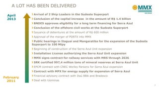 Arrival of 2 Ship Loaders in the Sudeste Superport
Conclusion of the capital increase in the amount of R$ 1.4 billion
BNDES approves eligibility for a long term financing for Serra Azul
Conclusion of the offshore civil works at the Sudeste Superport
Issuance of debentures at the amount of R$ 600 million
Approval of the merger of PORTX into MMX
Public hearings in Itaguaí and Mangaratiba for the expansion of the Sudeste
Superport to 100 Mtpy
Beginning of construction of the Serra Azul Unit expansion
Installation License authorizing the Serra Azul Unit expansion
MMX signs contract for railway services with MRS through 2026
SRK certified 997,4 million tons of mineral reserves at Serra Azul Unit
EPCM contract with CNEC Worley Parsons for Serra Azul expansion
Contract with MPX for energy supply for expansion of Serra Azul
Financial advisory contract with Itaú BBA and Bradesco
Deal with Usiminas
April
2013
February
2011
A LOT HAS BEEN DELIVERED
7
 
