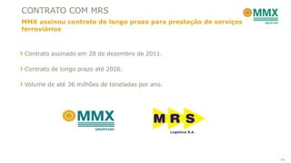 Contrato assinado em 28 de dezembro de 2011.
Contrato de longo prazo até 2026.
Volume de até 36 milhões de toneladas por ano.
CONTRATO COM MRS
MMX assinou contrato de longo prazo para prestação de serviços
ferroviários
14
 