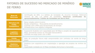 Base de
Recursos
Certificação da SRK: 3,1 bilhões de toneladas de recursos minerais. Potencial
mineral de até 1,4 bilhão de toneladas. Reservas certificadas de
aproximadamente 1 bilhão de toneladas em Serra Azul.
FATORES DE SUCESSO NO MERCADO DE MINÉRIO
DE FERRO
Estrutura de
Custo
Competitivo
Baixa relação estéril/minério
Escala competitiva – Nova planta de beneficiamento
Contrato com a MPX para fornecimento de energia
Infraestrutura com logística integrada
Logística
Garantida
Superporto Sudeste com capacidade para 50 Mtpa e projeto de expansão para 100
Mtpa, permitindo acesso ao mercado transoceânico
Contrato de longo prazo com a MRS
Venda
Comprometida
64% da produção futura está comprometida com contratos de venda de longo
prazo
Histórico
Operacional
Diretoria com experiência em implantação e operação de projetos de minério de
ferro.
Capacidade instalada de 10 Mtpa (Unidades Serra Azul e Corumbá)
6
 