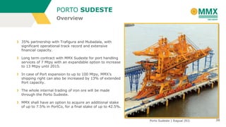 Overview
20
35% partnership with Trafigura and Mubadala, with
significant operational track record and extensive
financial capacity.
Long term contract with MMX Sudeste for port handling
services of 7 Mtpy with an expandable option to increase
to 13 Mtpy until 2015.
In case of Port expansion to up to 100 Mtpy, MMX’s
shipping right can also be increased by 13% of extended
Port capacity.
The whole internal trading of iron ore will be made
through the Porto Sudeste.
MMX shall have an option to acquire an additional stake
of up to 7.5% in PortCo, for a final stake of up to 42.5%.
PORTO SUDESTE
Porto Sudeste | Itaguaí (RJ)
 