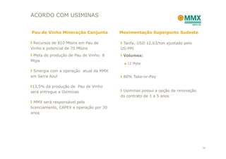 ACORDO COM USIMINAS


Pau de Vinho Mineração Conjunta          Movimentação Superporto Sudeste

 Recursos de 810 Mtons em Pau de          Tarifa: USD 12,63/ton ajustado pelo
Vinho e potencial de 75 Mtons            US-PPI
 Meta de produção de Pau de Vinho: 8      Volumes:
Mtpa
                                          ■ 12 Mpta

 Sinergia com a operação atual da MMX
em Serra Azul                             80% Take-or-Pay

 13,5% da produção de Pau de Vinho
será entregue a Usiminas                  Usiminas possui a opção de renovação
                                         do contrato de 1 a 5 anos
  MMX será responsável pelo
licenciamento, CAPEX e operação por 30
anos




                                                                                 38
 