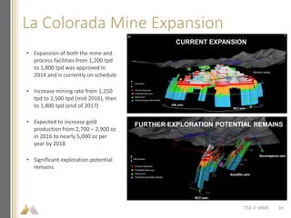 La Colorada Mine Expansion
TSX-V: MMX
• Expansion of both the mine and
process facilities from 1,200 tpd
to 1,800 tpd was approved in
2014 and is currently on schedule
• Increase mining rate from 1,250
tpd to 1,500 tpd (mid‐2016), then
to 1,800 tpd (end of 2017)
• Expected to increase gold
production from 2,700 – 2,900 oz
in 2016 to nearly 5,000 oz per
year by 2018
• Significant exploration potential
remains
CURRENT EXPANSION
FURTHER EXPLORATION POTENTIAL REMAINS
10
 