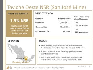 Taviche Oeste NSR (San José Mine)
TSX-V: MMX
• Mine recently began accessing ore from the Taviche
Oeste concession, which hosts the Trinidad North veins
• Fortuna expects to mine these high grade resources
over the next 8 years
• First production from this concession began in 2015
with the first NSR payment being made for Q3 2015
MAVERIX ROYALTY MINE OVERVIEW
LOCATION
1.5% NSR
royalty on all metal
sales from the Taviche
Oeste concession at
the San José Mine
Operator Fortuna Silver
Operation 2,000 tpd UG
Commodities Gold, Silver
Est Taviche Life ~8 Years
Taviche Oeste (only)
Mineral Resources1
STATUS
Gold
Silver
320 koz (at 1.87 g/t)
49.8 Moz (at 292 g/t)
Oaxaca, Mexico
Mexico City
1 “Fortuna Silver reports updated Mineral Resource estimate for San Jose Mine in Mexico”; August 27, 2014
11
 