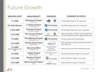 Future Growth
TSX-V: MMX
1% NSR Shalipayco Project
(Junin, Peru)
• Pre-feasibility stage Zn, Pb, Ag project
5% Gold Stream La Bolsa Project
(Sonora, Mexico)
• Feasibility stage open pit Au, Ag project
1.25% NSR Calcatreu Project
(Rio Negro, Argentina)
• Pre-feasibility stage open pit Au, Ag project
1.5% NSR Tres Cruces Project
(La Libertad, Peru)
• Gold project with a 3.2 Moz resource located 10
km south of Barrick Gold’s Lagunas Norte mine
1% NSR Pico Machay Project
(Huancavelica, Peru)
• Scoping stage open pit gold project
1.5% NSR Taviche Este Project
(Oaxaca, Mexico)
• Early exploration project located near Fortuna’s
San José mine
1% NSR
(50% of Pan American’s 2%
NSR)
Quiruvilca Mine
(La Libertad, Peru)
Sociedad Minera
Quiruvilca
Inversiones S.A
• Historic Zn, Ag mine still currently producing
2% NSR Jojoba Project
(Sonora, Mexico)
GFM Minera S.A.P.I.
de C.V
• Advanced exploration stage Au, Ag deposit
1.5% NSR Queylus Project
(Quebec, Canada)
• Early exploration stage Cu, Au project
1.5% NSR Maria Cecilia Project
(Peru)
• Early exploration stage Au, Ag project
MAVERIX ASSET MINE/PROJECT OWNER(S) SUMMARY & STATUS
18
 