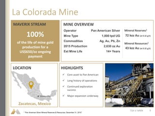 La Colorada Mine
 Core asset to Pan American
 Long history of operations
 Continued exploration
success
 Major expansion underway
MAVERIX STREAM MINE OVERVIEW
LOCATION
100%
of the life of mine gold
production for a
US$650/oz ongoing
payment
Operator Pan American Silver
Mine Type 1,800 tpd UG
Commodities Ag, Au, Pb, Zn
2015 Production 2,630 oz Au
Est Mine Life 14+ Years
Mineral Reserves1
Mineral Resources1
72 koz Au (at 0.32 g/t)
43 koz Au (at 0.32 g/t)
HIGHLIGHTS
Zacatecas, Mexico
TSX-V: MMX
Mexico City
1 “Pan American Silver Mineral Reserves & Resources; December 31, 2015”
9
 