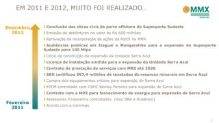 EM 2011 E 2012, MUITO FOI REALIZADO…


Dezembro     Conclusão das obras civis da parte offshore do Superporto Sudeste
  2012       Emissão de debêntures no valor de R$ 600 milhões
             Aprovação da incorporação de ações da PortX na MMX
             Audiências públicas em Itaguaí e Mangaratiba para a expansão do Superporto
            Sudeste para 100 Mtpa
             Início da construção da expansão da Unidade Serra Azul
             Licença de instalação emitida para a expansão da Unidade Serra Azul
             Contrato de prestação de serviços com MRS até 2026
             SRK certificou 997,4 milhões de toneladas de reservas minerais em Serra Azul
             Compra dos equipamentos críticos para expansão de Serra Azul
             EPCM contratado com CNEC Worley Parsons para expansão de Serra Azul
             Contrato com a MPX para fornecimento de energia para expansão de Serra Azul
             Assessores Financeiros contratados (Itaú BBA e Bradesco)
Fevereiro
             Acordo com a Usiminas
  2011

                                                                                            7
 