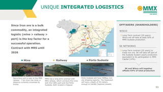 UNIQUE INTEGRATED LOGISTICS

Since Iron ore is a bulk

OFFTAKERS (SHAREHOLDERS)

commodity, an integrated

WISCO

logistic (mine > railway >

Long-Term contract (20 years).
Wisco will off-take at least 50% of
MMX Sudeste production.

port) is the key factor for a
successful operation.

SK NETWORKS

Contract with MRS until
2026
Mine

Railway

Porto Sudeste

Long-Term contract (20 years) to
trade iron ore. SK will take-off part of
the Sudeste System yearly production
equivalent to its participation in MMX
Capital (14%).

SK and Wisco will together
offtake 64% of total production

Serra Azul unit is near to the MRS
railway - 7 km from the mine, a
distance currently traversed by
trucks.

MMX has a long term contract with
MRS railway, which connects the mine
with the CSN’s port and the Porto
Sudeste, both located in Itaguaí.

Porto Sudeste will have 50Mtpy iron
ore shipping capacity. The Superport
will have a depth of 20 meters,
enough to handle Capesize vessels.

11

 